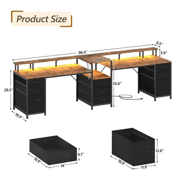 Alt view image 2 of 6 - 98.4" Long Computer Desk with 9 Drawers, 2 Person Gaming Desk with LED Lights & Power Outlet, Two Person Home Office Desk with Storage, Printer Shelf & Monitor Stand, Rustic Brown