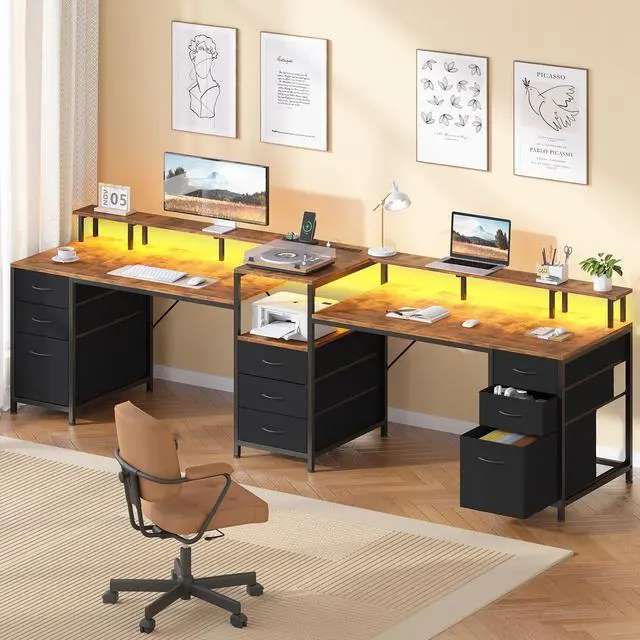 Alt view image 3 of 6 - 98.4" Long Computer Desk with 9 Drawers, 2 Person Gaming Desk with LED Lights & Power Outlet, Two Person Home Office Desk with Storage, Printer Shelf & Monitor Stand, Rustic Brown