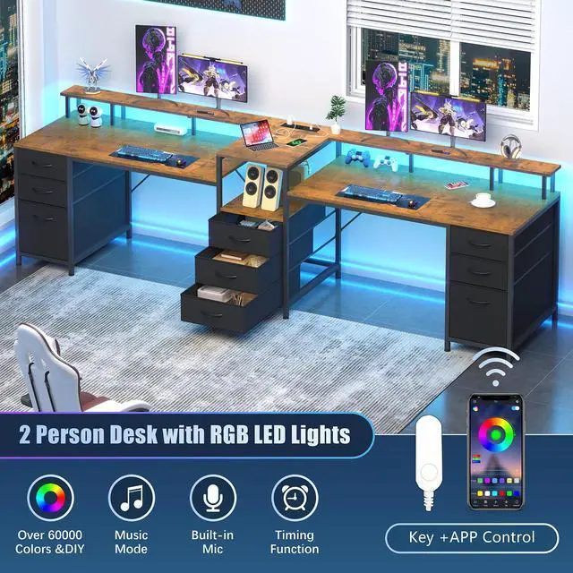 Alt view image 6 of 6 - 98.4" Long Computer Desk with 9 Drawers, 2 Person Gaming Desk with LED Lights & Power Outlet, Two Person Home Office Desk with Storage, Printer Shelf & Monitor Stand, Rustic Brown
