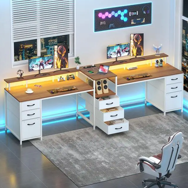 Main image of 98.4" Long Computer Desk with 9 Drawers, 2 Person Gaming Desk with LED Lights & Power Outlet, Two Person Home Office Desk with Storage, Printer Shelf & Monitor Stand, Brown and White