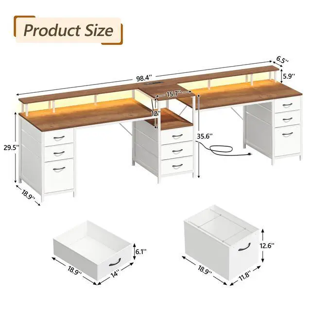 Alt view image 2 of 6 - 98.4" Long Computer Desk with 9 Drawers, 2 Person Gaming Desk with LED Lights & Power Outlet, Two Person Home Office Desk with Storage, Printer Shelf & Monitor Stand, Brown and White