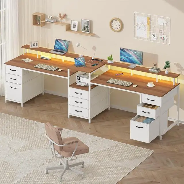 Alt view image 3 of 6 - 98.4" Long Computer Desk with 9 Drawers, 2 Person Gaming Desk with LED Lights & Power Outlet, Two Person Home Office Desk with Storage, Printer Shelf & Monitor Stand, Brown and White