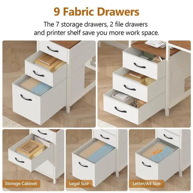 Alt view image 4 of 6 - 98.4" Long Computer Desk with 9 Drawers, 2 Person Gaming Desk with LED Lights & Power Outlet, Two Person Home Office Desk with Storage, Printer Shelf & Monitor Stand, Brown and White