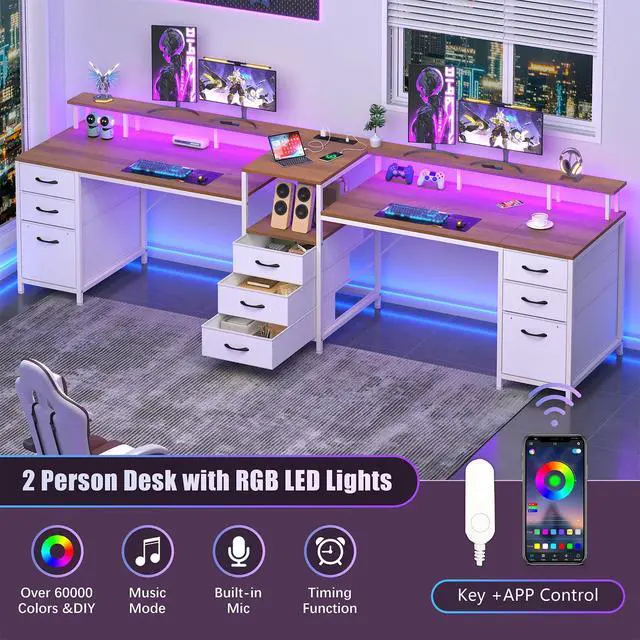 Alt view image 6 of 6 - 98.4" Long Computer Desk with 9 Drawers, 2 Person Gaming Desk with LED Lights & Power Outlet, Two Person Home Office Desk with Storage, Printer Shelf & Monitor Stand, Brown and White