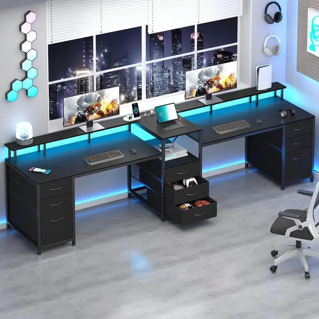 Main image of 98.4" Long Computer Desk with 9 Drawers, 2 Person Gaming Desk with LED Lights & Power Outlet, Two Person Home Office Desk with Storage, Printer Shelf & Monitor Stand, Black