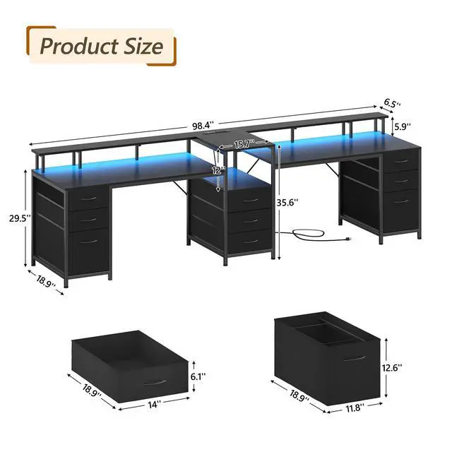 Alt view image 2 of 6 - 98.4" Long Computer Desk with 9 Drawers, 2 Person Gaming Desk with LED Lights & Power Outlet, Two Person Home Office Desk with Storage, Printer Shelf & Monitor Stand, Black