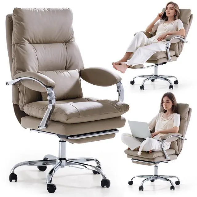 Main image of Reclining Office Chair with Foot Rest, Executive Office Chairs with Arms, Ergonomic High Back PU Leather Comfy Swivel Computer Desk Chairs with Wheels and Lumbar Support for Home Office, Khaki