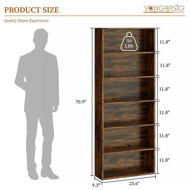 Alt view image 2 of 6 - 6-Tier Open Bookcase and Bookshelf, Floor Standing Wood Display Storage Shelves 71 Inch Tall Bookcase Home Decor Furniture for Home Office, Living Room, Bed Room, Rustic Brown