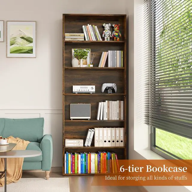 Alt view image 4 of 6 - 6-Tier Open Bookcase and Bookshelf, Floor Standing Wood Display Storage Shelves 71 Inch Tall Bookcase Home Decor Furniture for Home Office, Living Room, Bed Room, Rustic Brown