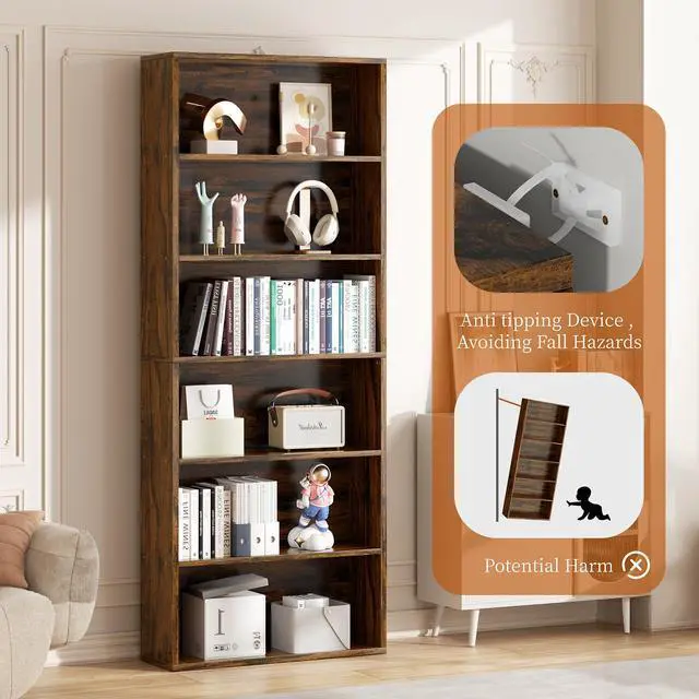 Alt view image 6 of 6 - 6-Tier Open Bookcase and Bookshelf, Floor Standing Wood Display Storage Shelves 71 Inch Tall Bookcase Home Decor Furniture for Home Office, Living Room, Bed Room, Rustic Brown