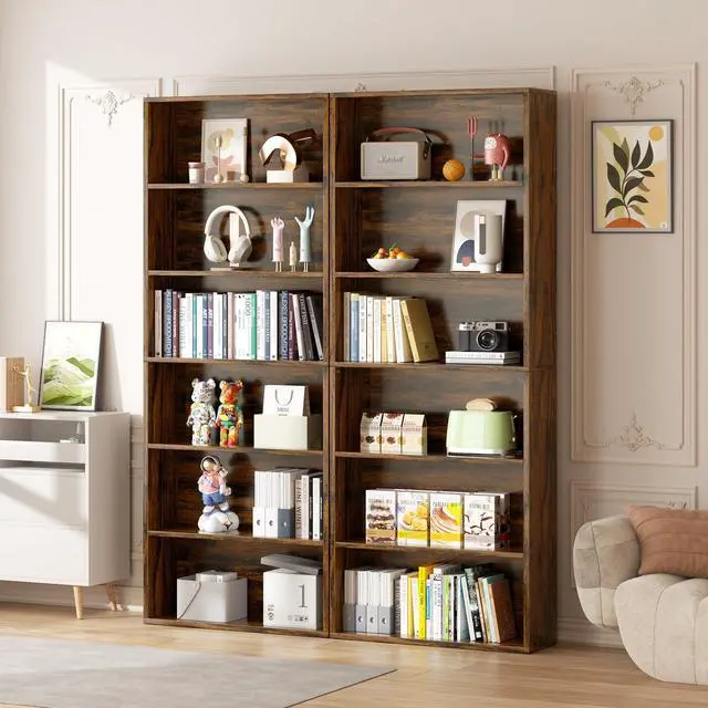 Main image of 6-Tier Open Bookcase and Bookshelf, Floor Standing Wood Display Storage Shelves 71 Inch Tall Bookcase Home Decor Furniture for Home Office, Living Room, Bed Room, Rustic Brown, 2 Pieces