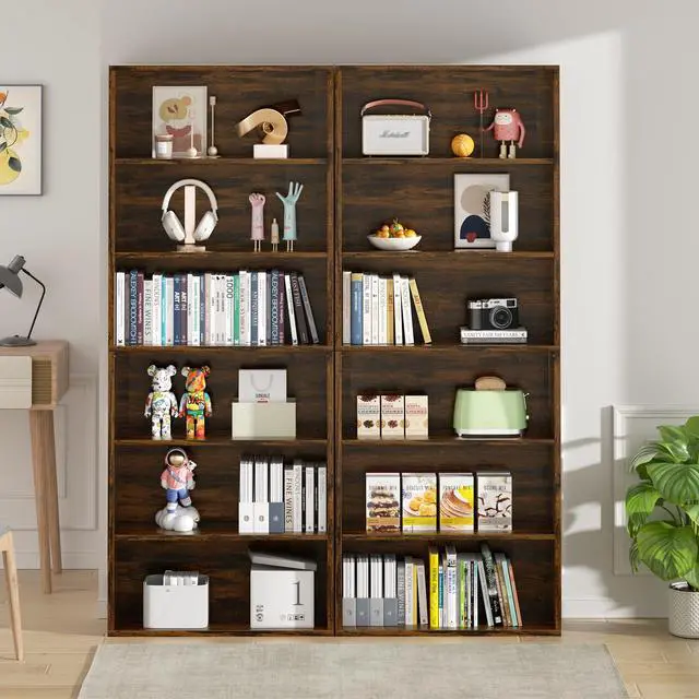 Alt view image 3 of 6 - 6-Tier Open Bookcase and Bookshelf, Floor Standing Wood Display Storage Shelves 71 Inch Tall Bookcase Home Decor Furniture for Home Office, Living Room, Bed Room, Rustic Brown, 2 Pieces