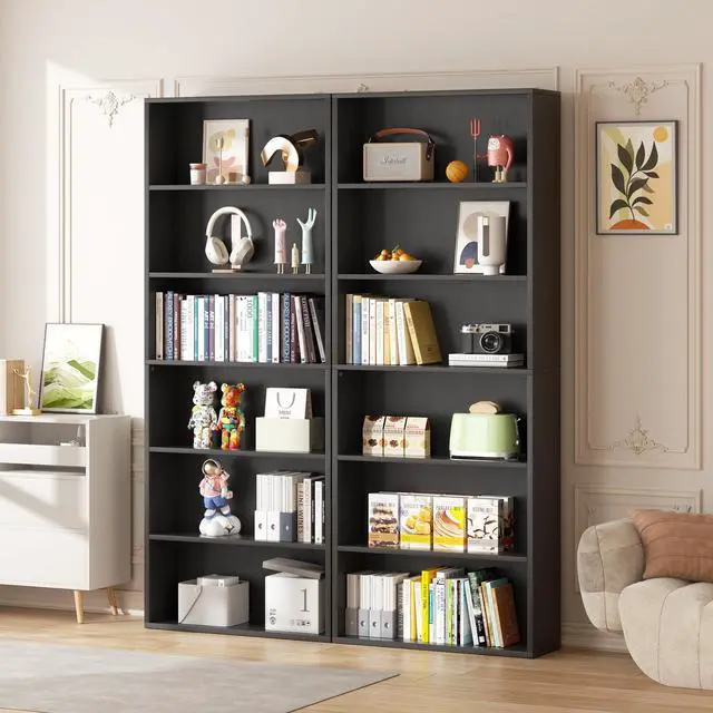 Main image of 6-Tier Open Bookcase and Bookshelf, Floor Standing Wood Display Storage Shelves 71 Inch Tall Bookcase Home Decor Furniture for Home Office, Living Room, Bed Room, Black, 2 Pieces