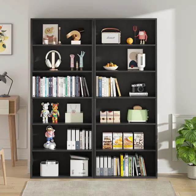 Alt view image 3 of 6 - 6-Tier Open Bookcase and Bookshelf, Floor Standing Wood Display Storage Shelves 71 Inch Tall Bookcase Home Decor Furniture for Home Office, Living Room, Bed Room, Black, 2 Pieces