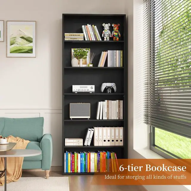 Alt view image 5 of 6 - 6-Tier Open Bookcase and Bookshelf, Floor Standing Wood Display Storage Shelves 71 Inch Tall Bookcase Home Decor Furniture for Home Office, Living Room, Bed Room, Black, 2 Pieces