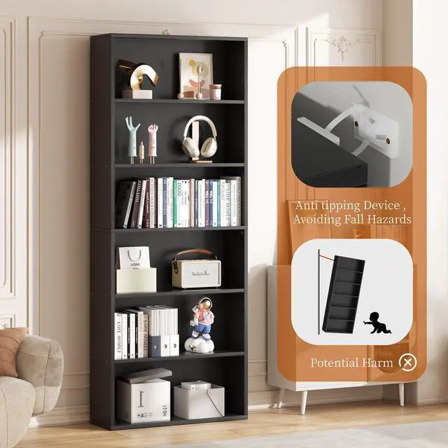 Alt view image 6 of 6 - 6-Tier Open Bookcase and Bookshelf, Floor Standing Wood Display Storage Shelves 71 Inch Tall Bookcase Home Decor Furniture for Home Office, Living Room, Bed Room, Black, 2 Pieces