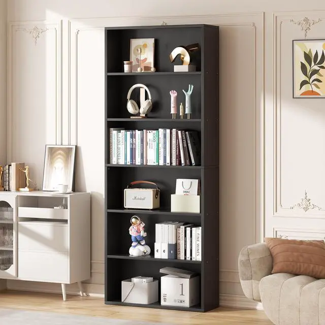 Main image of 6-Tier Open Bookcase and Bookshelf, Floor Standing Wood Display Storage Shelves 71 Inch Tall Bookcase Home Decor Furniture for Home Office, Living Room, Bed Room, Black