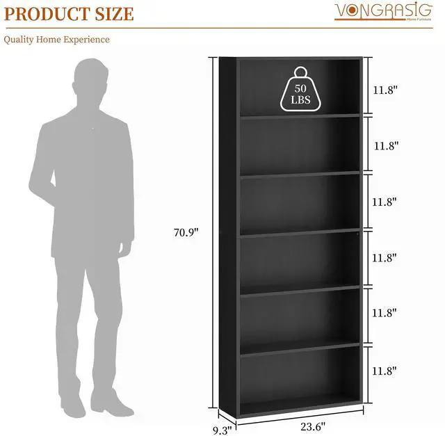 Alt view image 2 of 6 - 6-Tier Open Bookcase and Bookshelf, Floor Standing Wood Display Storage Shelves 71 Inch Tall Bookcase Home Decor Furniture for Home Office, Living Room, Bed Room, Black