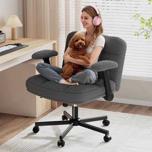Main image of Criss Cross Chair with Wheels & Flip-up Arms, Adjustable Height, Teddy Fabric for Bedroom, Home Office, Apartment,Grey