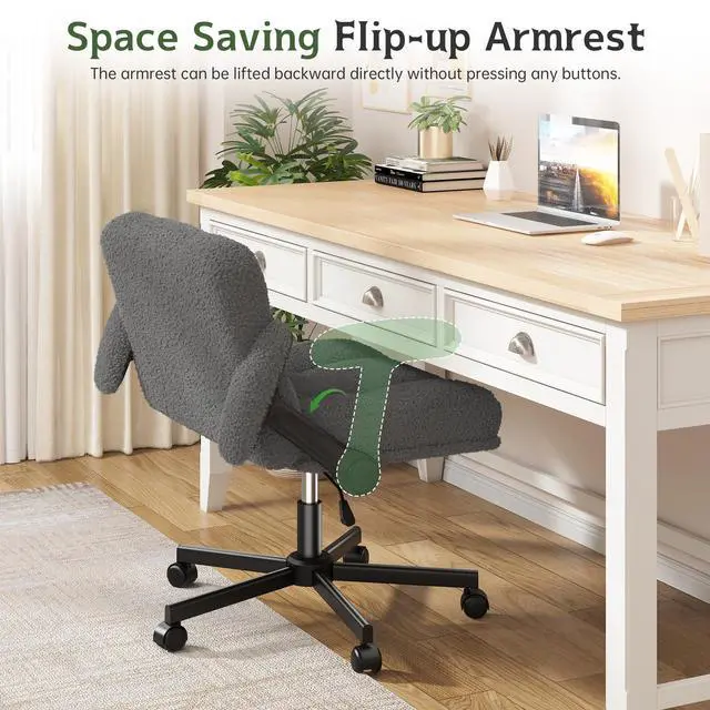 Alt view image 6 of 6 - Criss Cross Chair with Wheels & Flip-up Arms, Adjustable Height, Teddy Fabric for Bedroom, Home Office, Apartment,Grey