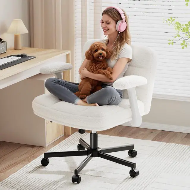 Main image of Criss Cross Chair with Wheels, Office Chair with Flip-up Armrests, Vanity Chair for Bedroom, Home Office, Apartment, Plush Fabric, Beige