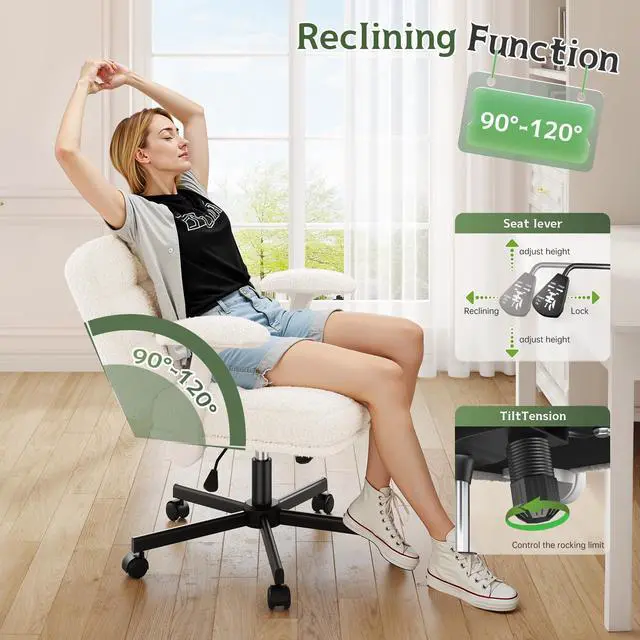 Alt view image 3 of 6 - Criss Cross Chair with Wheels, Office Chair with Flip-up Armrests, Vanity Chair for Bedroom, Home Office, Apartment, Plush Fabric, Beige