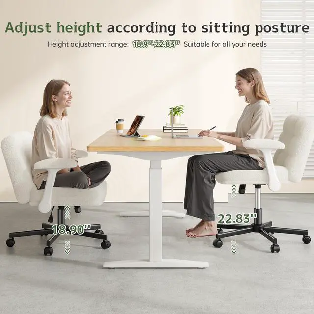 Alt view image 4 of 6 - Criss Cross Chair with Wheels, Office Chair with Flip-up Armrests, Vanity Chair for Bedroom, Home Office, Apartment, Plush Fabric, Beige