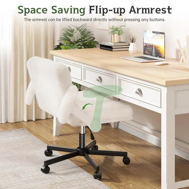 Alt view image 5 of 6 - Criss Cross Chair with Wheels, Office Chair with Flip-up Armrests, Vanity Chair for Bedroom, Home Office, Apartment, Plush Fabric, Beige
