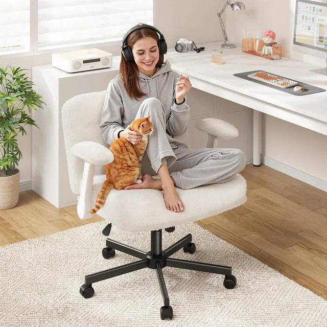 Alt view image 6 of 6 - Criss Cross Chair with Wheels, Office Chair with Flip-up Armrests, Vanity Chair for Bedroom, Home Office, Apartment, Plush Fabric, Beige