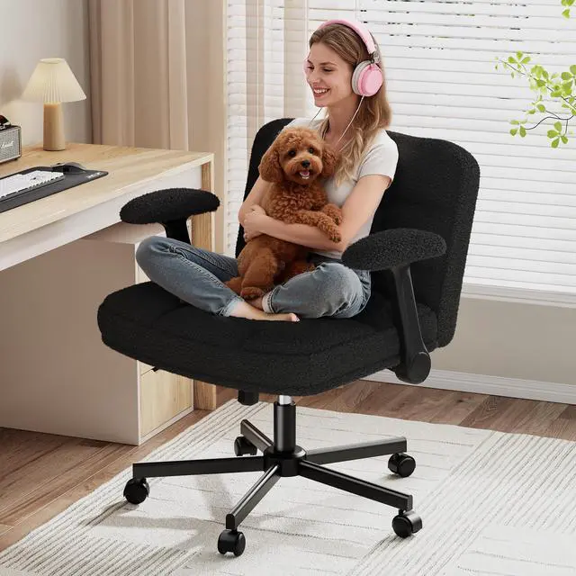 Main image of Criss Cross Office Chair with Flip-up Armrests & Wheels,360° Swivel for Home Office, Study, Gaming, Vanity, Comfortable Computer,Plush Teddy Fabric, Black