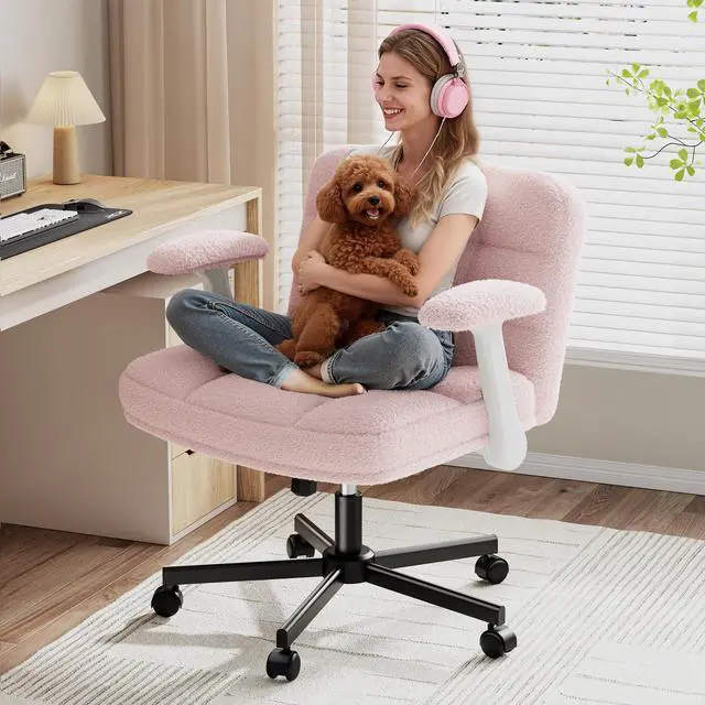 Main image of Criss Cross Chair with Wheels and Flip-up Arms, Adjustable Height, Teddy Plush Fabric,Pink, for Bedroom, Home Office, Apartment,Vanity