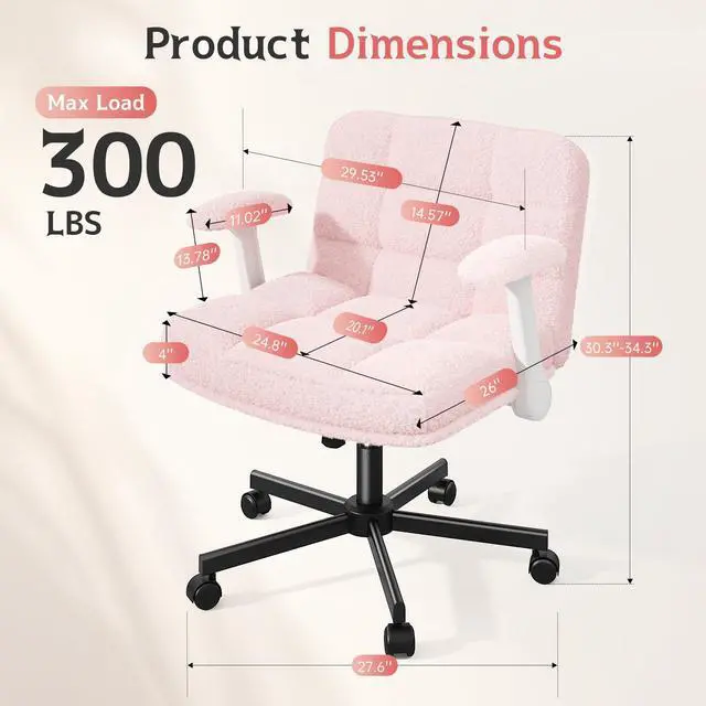 Alt view image 2 of 6 - Criss Cross Chair with Wheels and Flip-up Arms, Adjustable Height, Teddy Plush Fabric,Pink, for Bedroom, Home Office, Apartment,Vanity