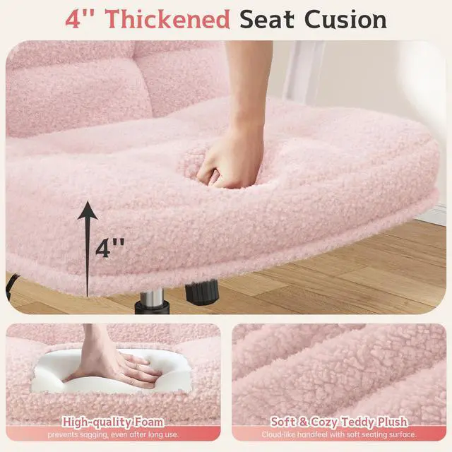 Alt view image 3 of 6 - Criss Cross Chair with Wheels and Flip-up Arms, Adjustable Height, Teddy Plush Fabric,Pink, for Bedroom, Home Office, Apartment,Vanity
