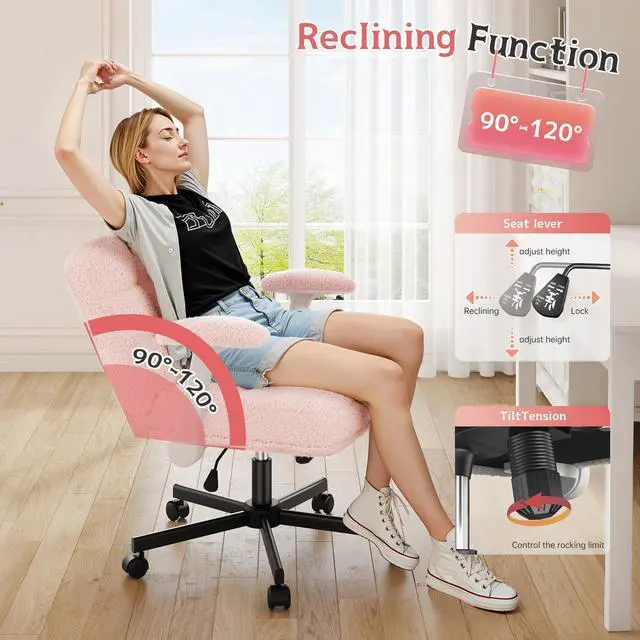 Alt view image 4 of 6 - Criss Cross Chair with Wheels and Flip-up Arms, Adjustable Height, Teddy Plush Fabric,Pink, for Bedroom, Home Office, Apartment,Vanity