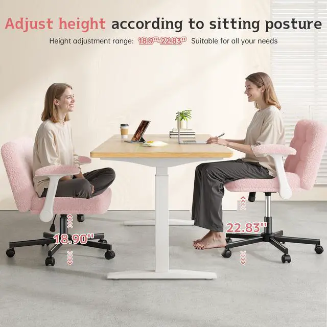 Alt view image 5 of 6 - Criss Cross Chair with Wheels and Flip-up Arms, Adjustable Height, Teddy Plush Fabric,Pink, for Bedroom, Home Office, Apartment,Vanity