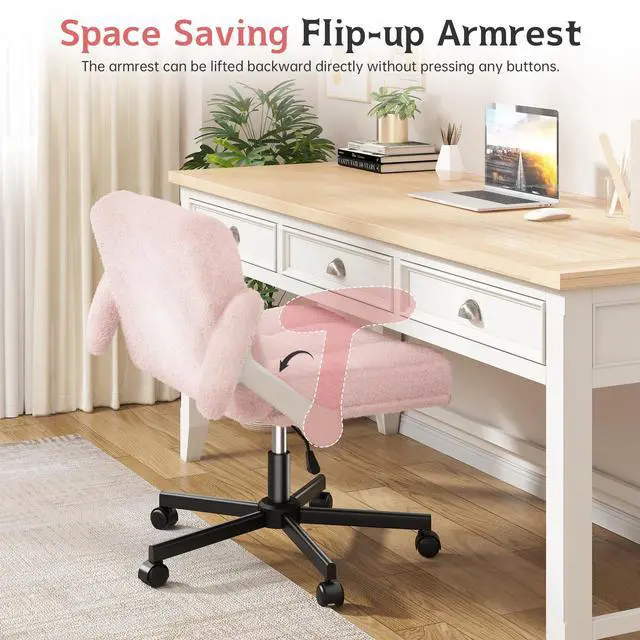 Alt view image 6 of 6 - Criss Cross Chair with Wheels and Flip-up Arms, Adjustable Height, Teddy Plush Fabric,Pink, for Bedroom, Home Office, Apartment,Vanity