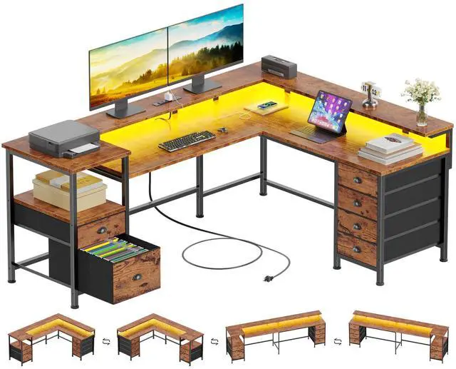 Main image of 66" Reversible L Shaped Gaming Desk with 6 Drawers & Printer Storage Shelves, Corner Computer Desk with Power Outlets & LED Lights, Home Office Table with Monitor Stand, Rustic Brown