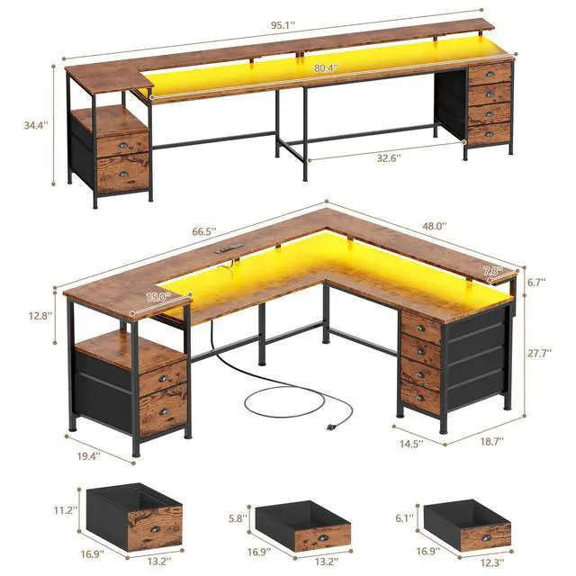 Alt view image 3 of 6 - 66" Reversible L Shaped Gaming Desk with 6 Drawers & Printer Storage Shelves, Corner Computer Desk with Power Outlets & LED Lights, Home Office Table with Monitor Stand, Rustic Brown
