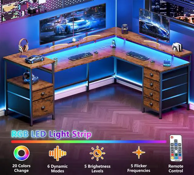 Alt view image 4 of 6 - 66" Reversible L Shaped Gaming Desk with 6 Drawers & Printer Storage Shelves, Corner Computer Desk with Power Outlets & LED Lights, Home Office Table with Monitor Stand, Rustic Brown