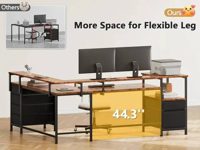 Alt view image 6 of 6 - 66" Reversible L Shaped Gaming Desk with 6 Drawers & Printer Storage Shelves, Corner Computer Desk with Power Outlets & LED Lights, Home Office Table with Monitor Stand, Rustic Brown