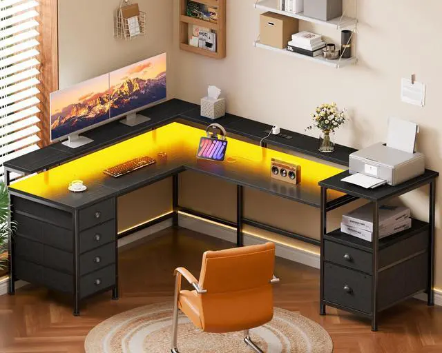 Alt view image 2 of 6 - 66" Reversible L Shaped Gaming Desk with 6 Drawers & Printer Storage Shelves, Corner Computer Desk with Power Outlets & LED Lights, Home Office Table with Monitor Stand, Black