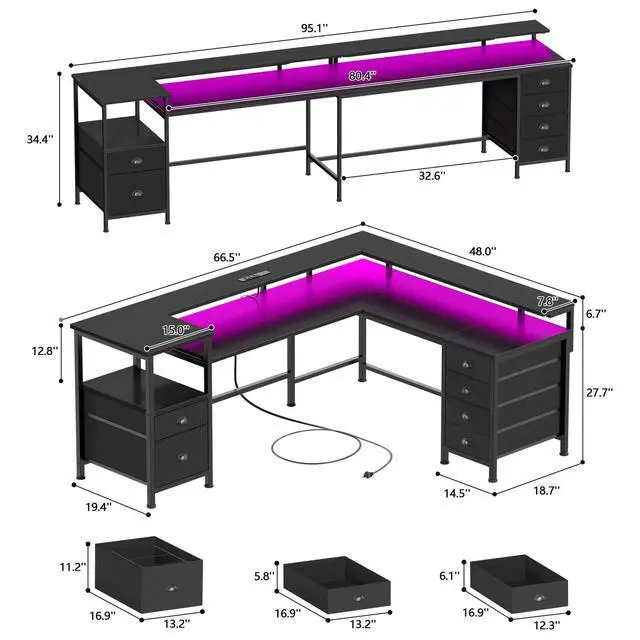 Alt view image 3 of 6 - 66" Reversible L Shaped Gaming Desk with 6 Drawers & Printer Storage Shelves, Corner Computer Desk with Power Outlets & LED Lights, Home Office Table with Monitor Stand, Black