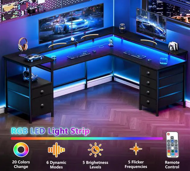 Alt view image 4 of 6 - 66" Reversible L Shaped Gaming Desk with 6 Drawers & Printer Storage Shelves, Corner Computer Desk with Power Outlets & LED Lights, Home Office Table with Monitor Stand, Black