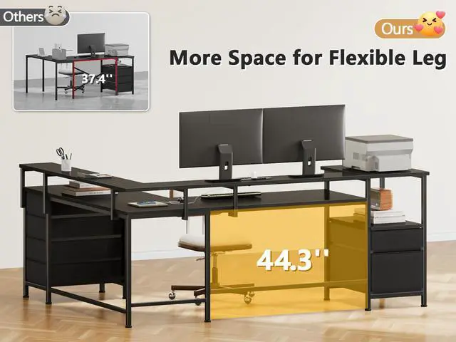 Alt view image 6 of 6 - 66" Reversible L Shaped Gaming Desk with 6 Drawers & Printer Storage Shelves, Corner Computer Desk with Power Outlets & LED Lights, Home Office Table with Monitor Stand, Black