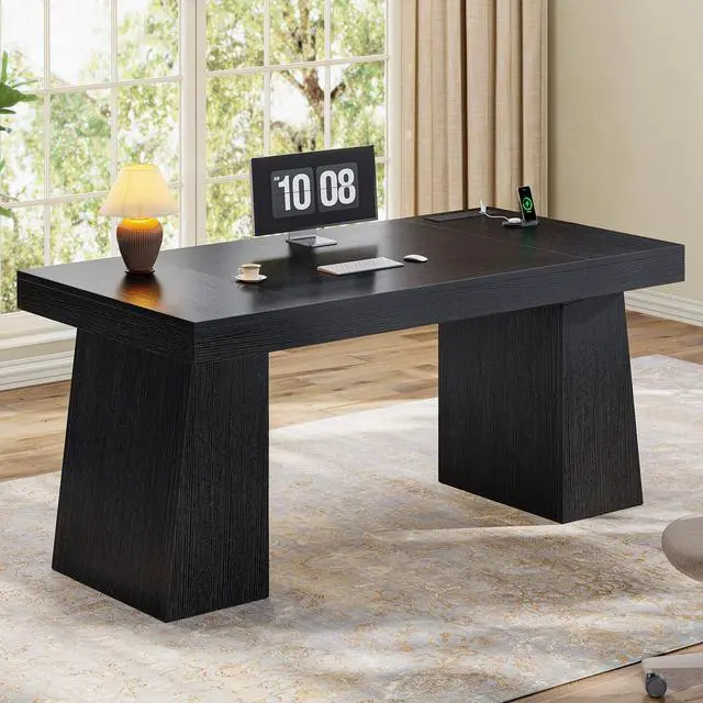 Alt view image 5 of 6 - 55.9 in Executive Desk with Power Outlets, Modern Home Office Desk with Storage Cabinet, Wood Computer Desk Business Workstation Desk Conference Table, Black (Storage Cabinet)