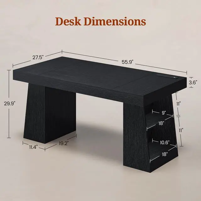 Alt view image 2 of 6 - 55.9 in Executive Desk with Power Outlets, Modern Home Office Desk with Storage Shelves, Wood Computer Desk Business Workstation Desk Conference Table, Black (Storage Shelves)