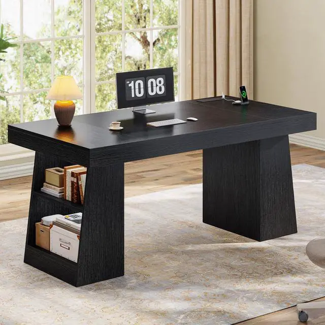 Alt view image 5 of 6 - 55.9 in Executive Desk with Power Outlets, Modern Home Office Desk with Storage Shelves, Wood Computer Desk Business Workstation Desk Conference Table, Black (Storage Shelves)