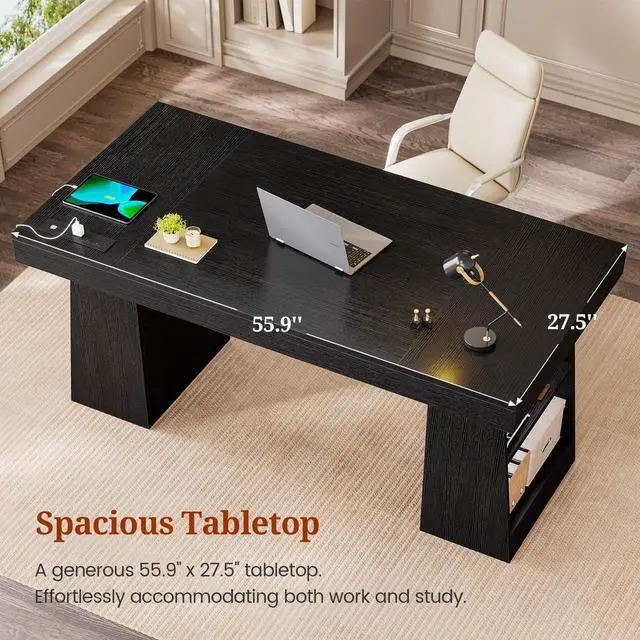Alt view image 6 of 6 - 55.9 in Executive Desk with Power Outlets, Modern Home Office Desk with Storage Shelves, Wood Computer Desk Business Workstation Desk Conference Table, Black (Storage Shelves)