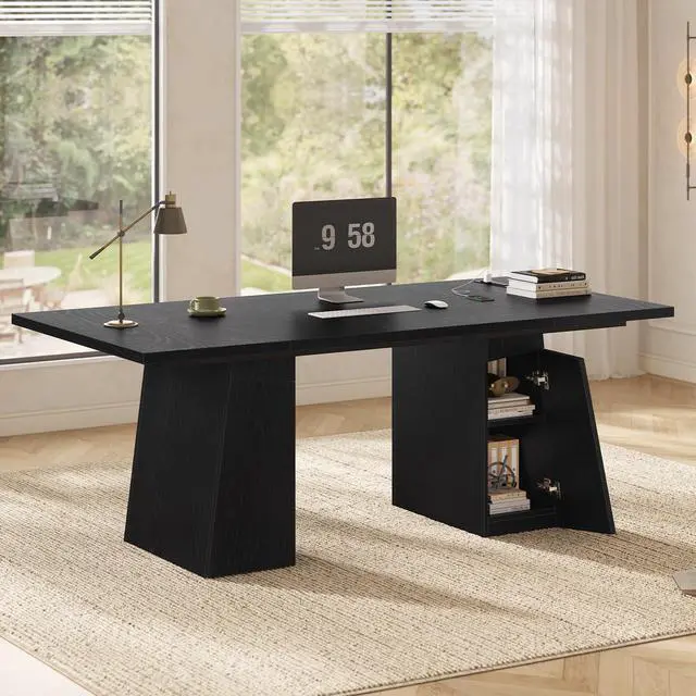 Main image of 63 in Executive Desk with Power Outlets, Modern Home Office Desk with Storage Cabinet, Wood Computer Desk Business Workstation Desk Conference Table Black