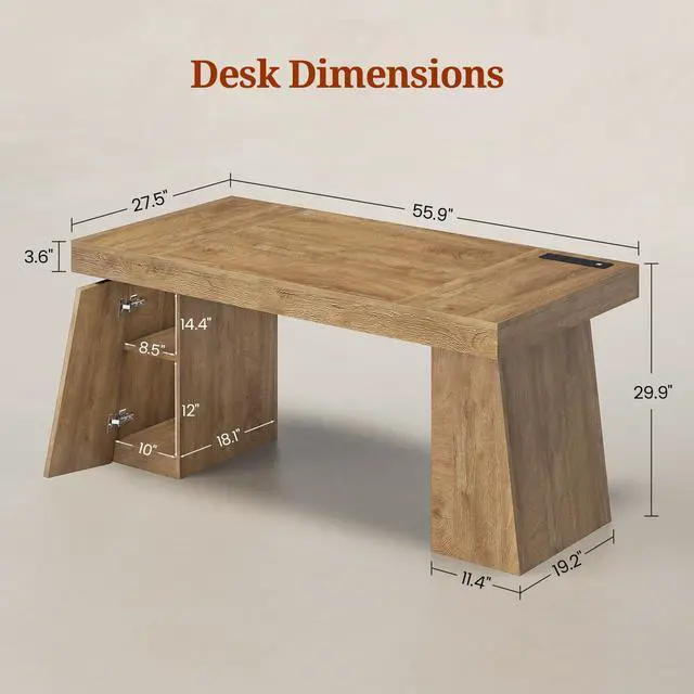 Alt view image 2 of 6 - 55.9 in Executive Desk with Power Outlets, Modern Home Office Desk with Storage Cabinet, Wood Computer Desk Business Workstation Desk Conference Table, Oak (Storage Cabinet)